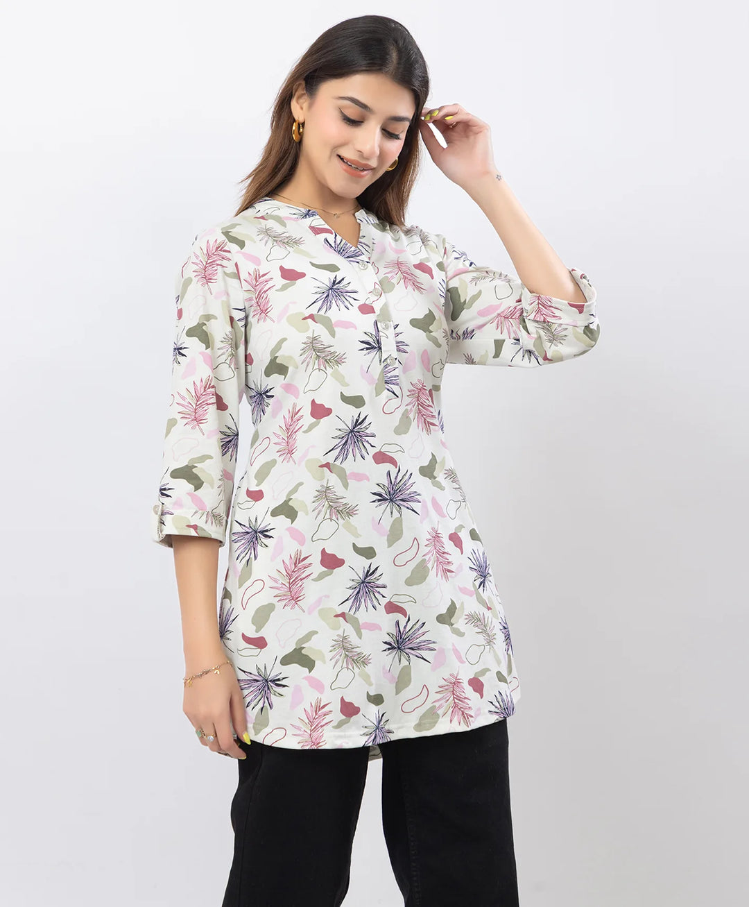 Floral Print Three-Quarter Sleeve Short Kurti