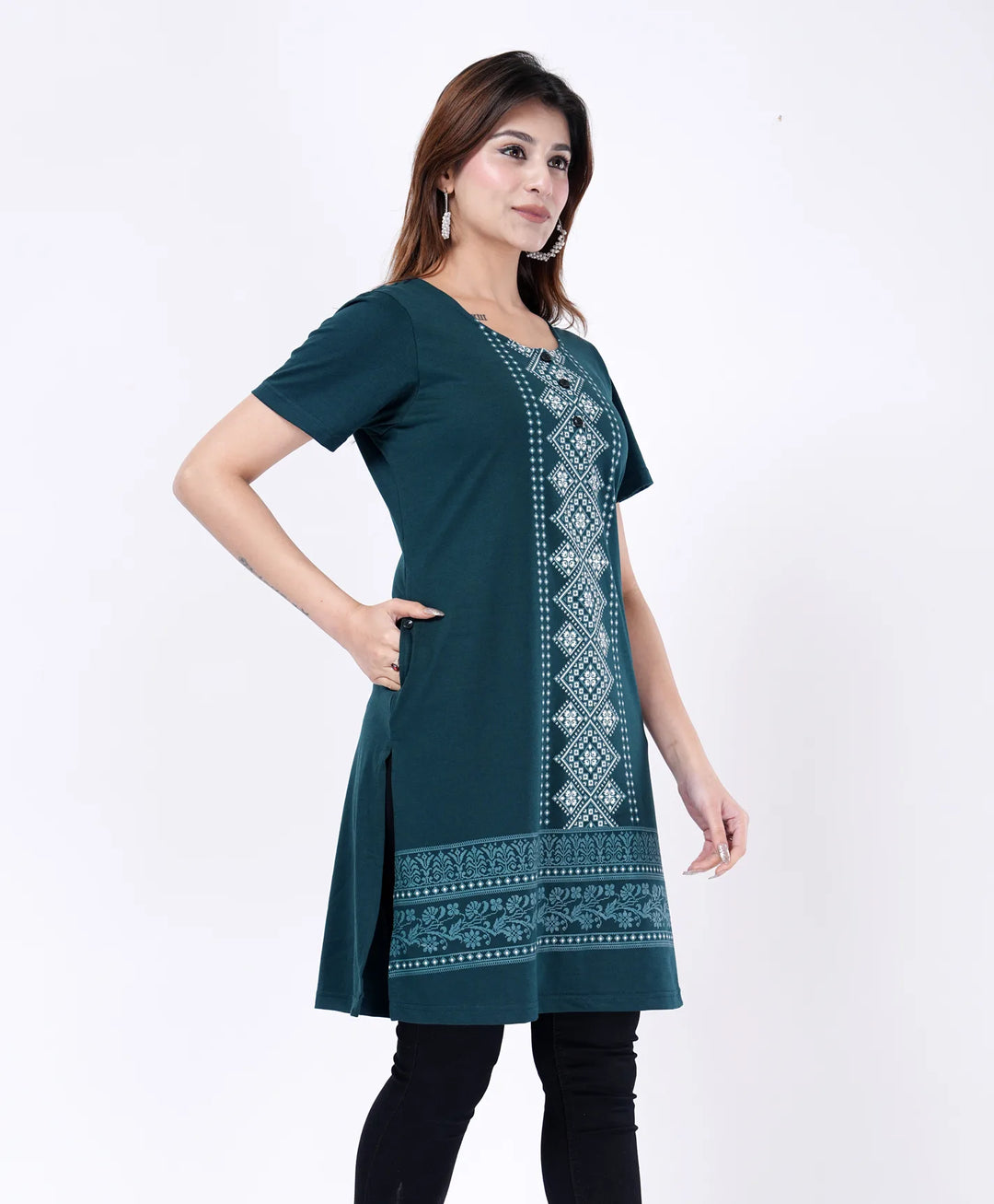 Elegant Printed Button-Neck Straight Long Top