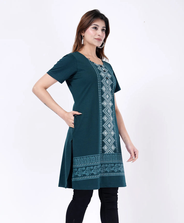 Elegant Printed Button-Neck Straight Long Top