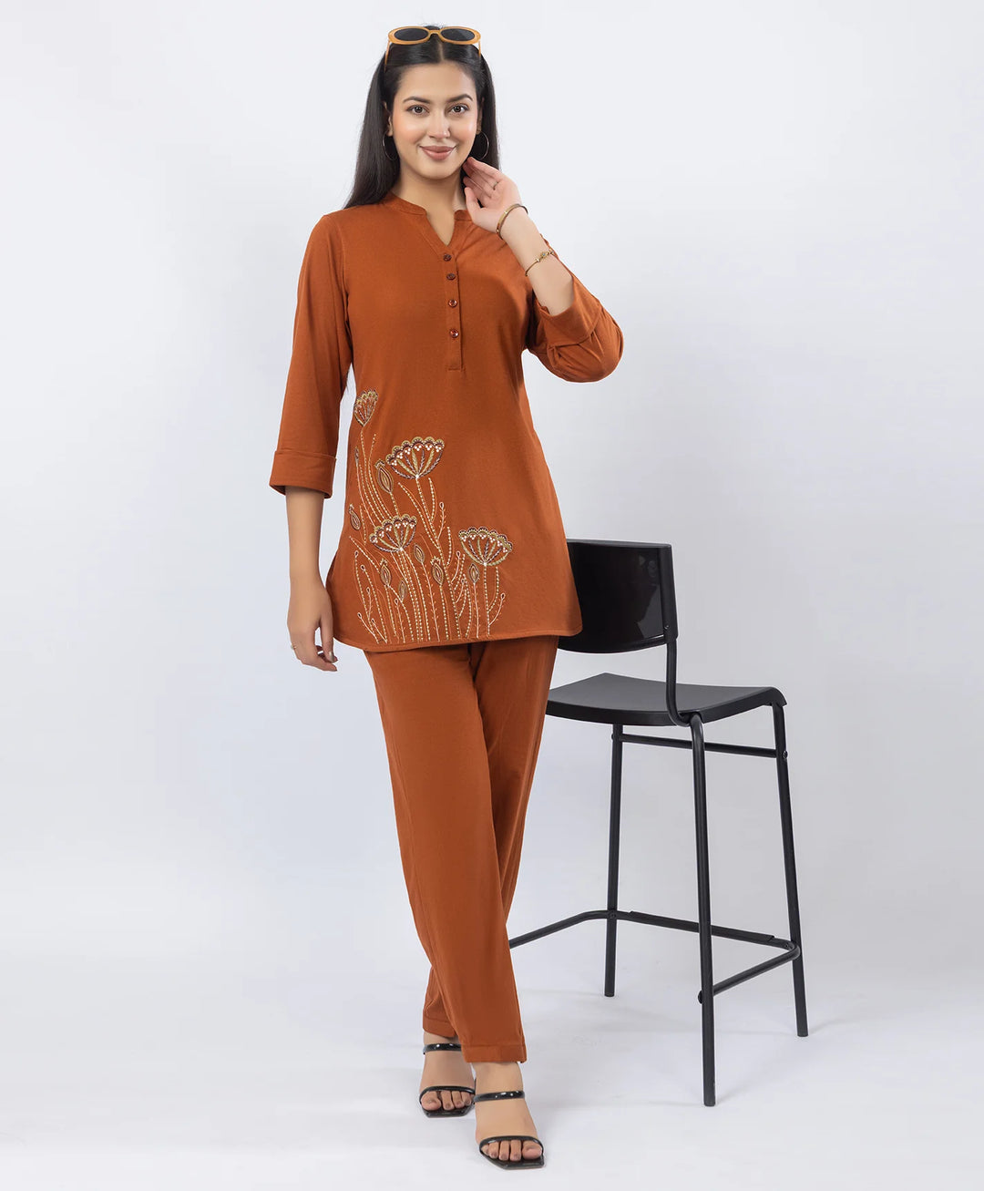 Premium Floral Embroidered Mandarin Collar Kurta Set
