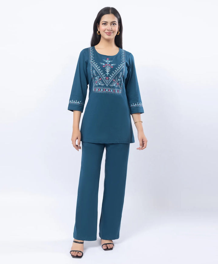 Premium Round Neck Embroidered Straight-Fit Co-Ord Set