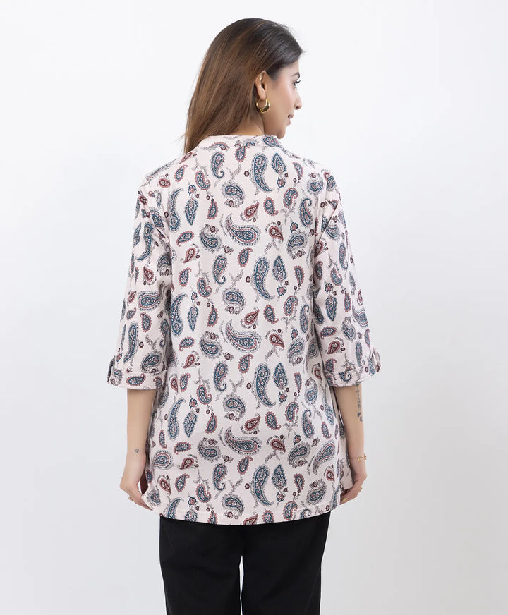 Printed Front-Placket Hip-Length Short Kurti